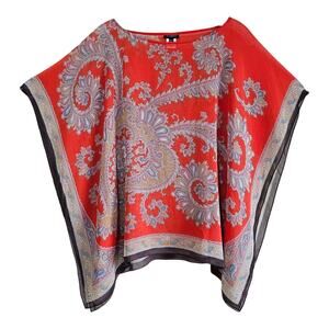 TALBOTS Women's XS / S Silk Poncho Blouse Paisley Sheer Boho Artsy Resort 38"